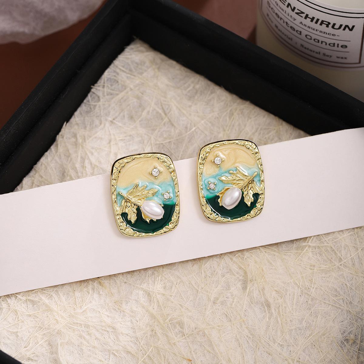 Monet Garden Baroque Pearl Earrings, French Medieval Oil Painting Style Vintage Court Enamel Earrings