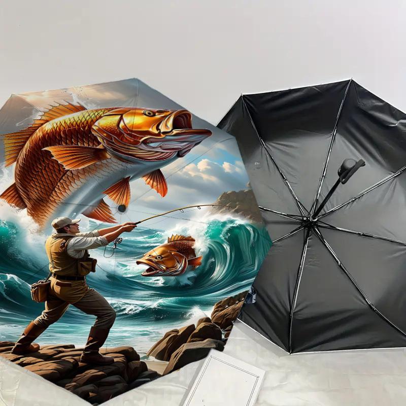 1PC Fisherman Giant Fish Automatic Open/Close Umbrella with Windproof, 8-Rib Sturdy Canopy, Durable Ribs, Fashionable Design, Outdoor Accessory, Fun P