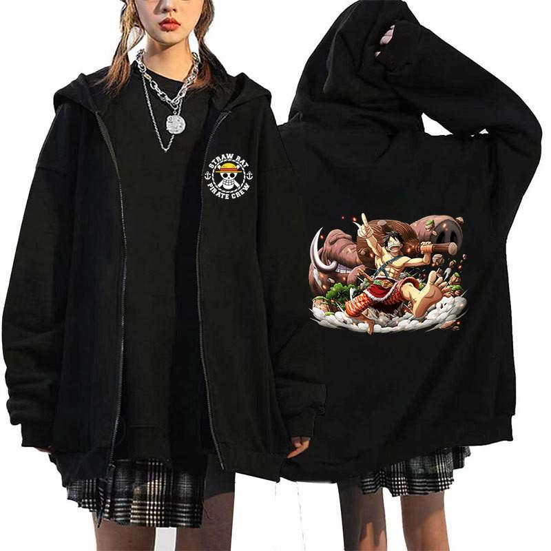Mens Oversized Hooded Zip-Up Sweatshirt With One Piece Anime Print Plus Size Fleece-Lined Casual Jacket Fall