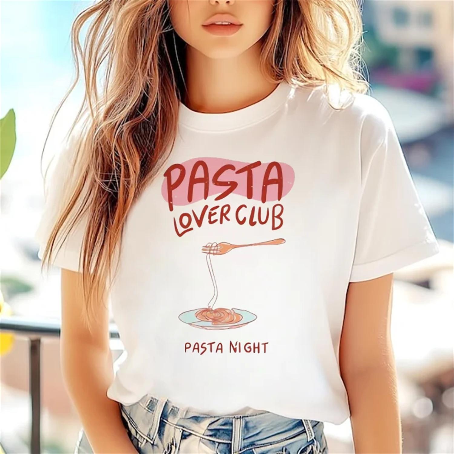 

Pasta Enthusiast Pattern Women s Casual Sweet Women s T-Shirt Short Sleeved New Fun Regular Summer Harajuku Fashion T-Shirt XXXXXL білий