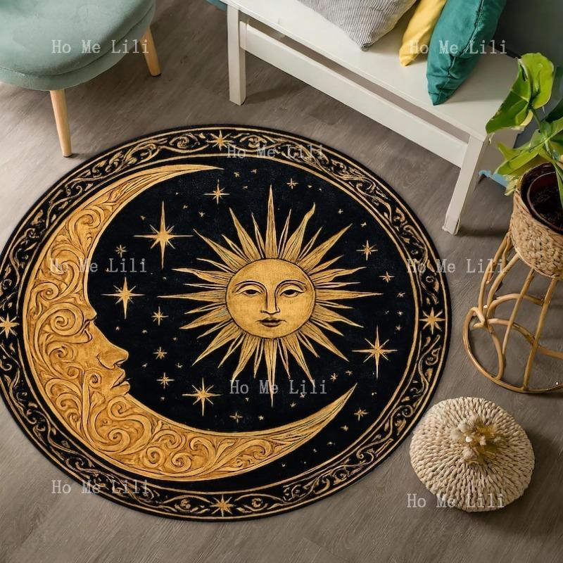 Celestial Sun Moon Mystical Boho Style Black And Gold Carpet With Vintage Cosmic Design For Spiritual Home Round Rug Mat Decor