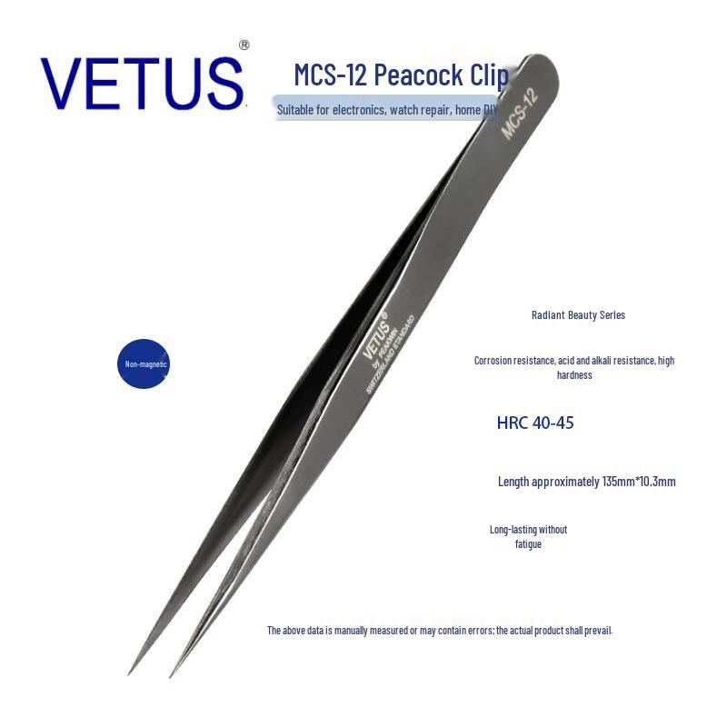 VETUS MCS-12 Black Stainless Steel Tweezers: Non-Magnetic, Acid & Corrosion Resistant for Eyelash & Nail Makeup