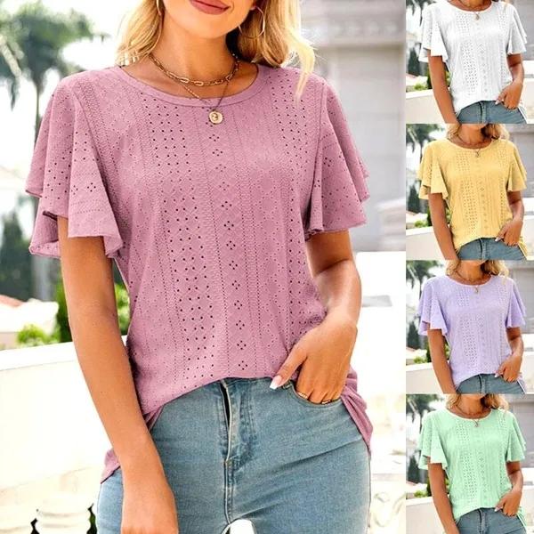 

Женские топы, повседневные футболки с короткими рукавами, женские футболки с v-образным вырезом, пуловеры, однотонные свободные кружевные блузки