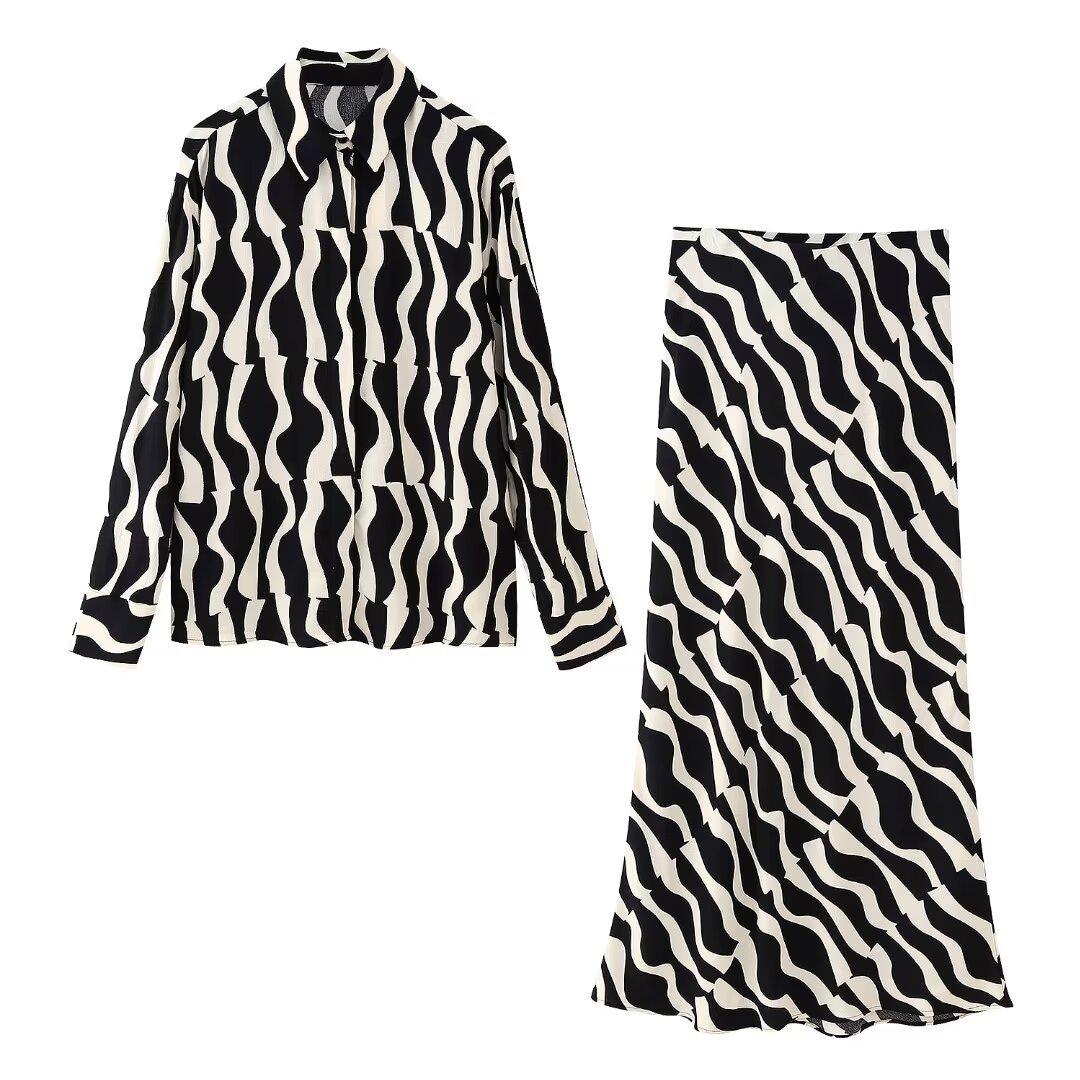 

2024 Women s Spring Long Sleeve Printed Shirt & Midi Skirt Set Medium