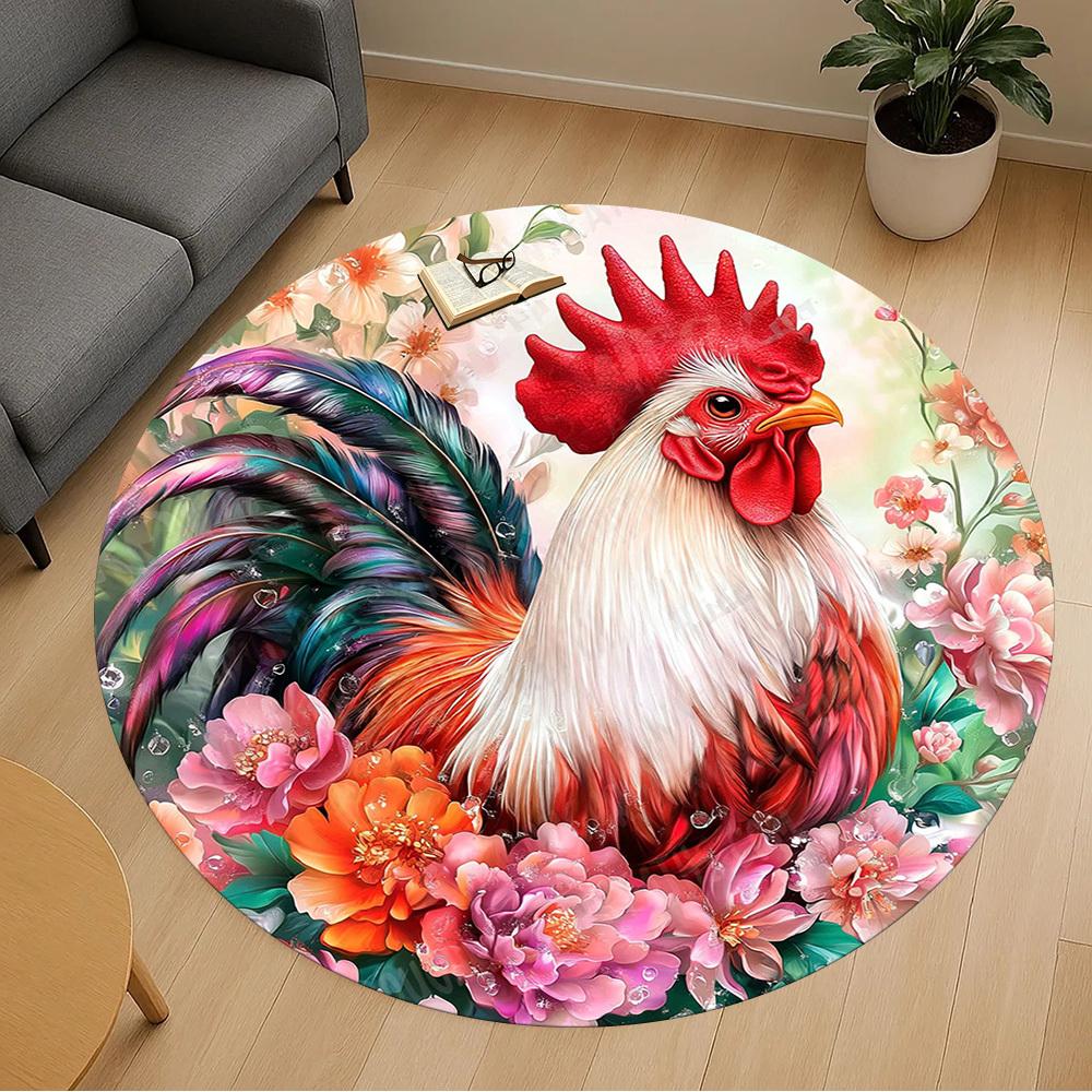 1PC rooster flowers Office Round Area Rug, Under Office Chairs Bedroom Living Room Home Decor, Carpet for Office -1110109