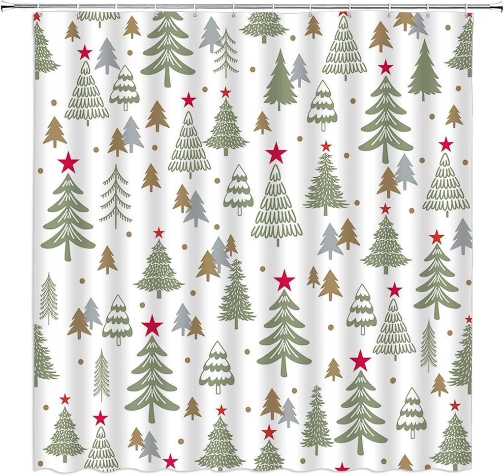 Christmas Tree Shower Curtain Blue Cute Xmas Tree Stars Cartoon Winter Holiday Merry Christmas New Year Bathroom Decor