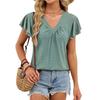 Summer Women's Solid Color V-neck Loose Short Sleeve T-shirt Double Layer Sleeve Casual Top for Europe USA Cross-border