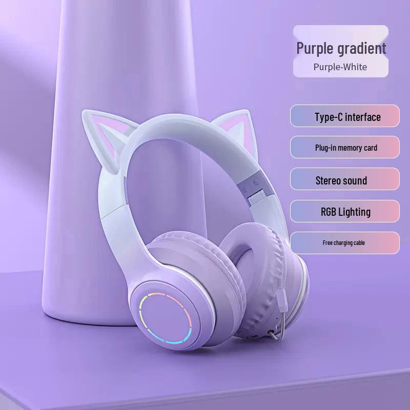 

2025 New Cute Wireless Over-Ear Cat Ear Headphones with Mic, Noise Cancelling for Children s Gaming - Girls Style Standard