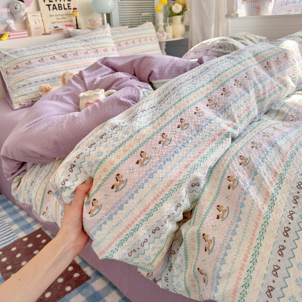 Clever Plan: Small Fresh 110g High Quality A-class Puff Cotton Wrinkled Yarn Four Piece Set Imitation Water Washed Cotton Four Piece Set