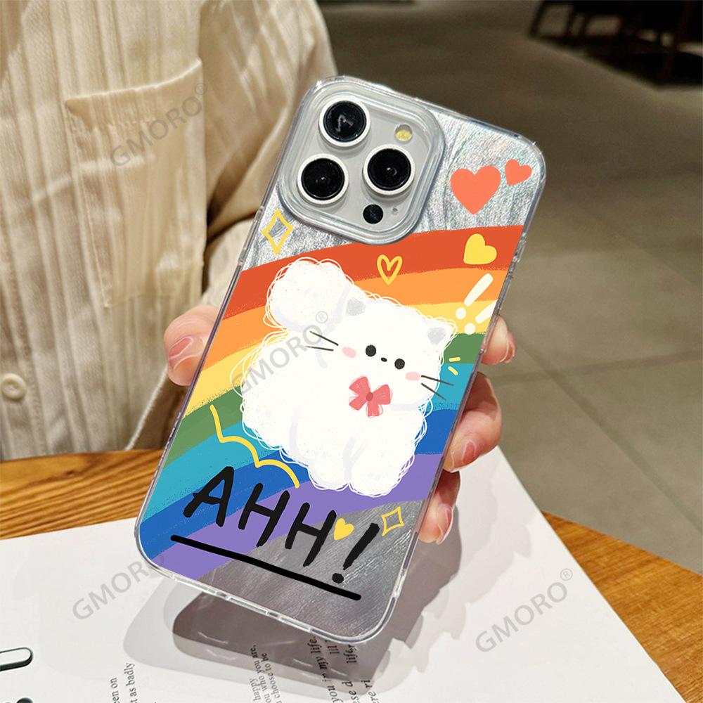Creative Rainbow Cat is suitable for Apple 15 mobile phone case, cute iPhone17promax anti-drop hard case protective case.