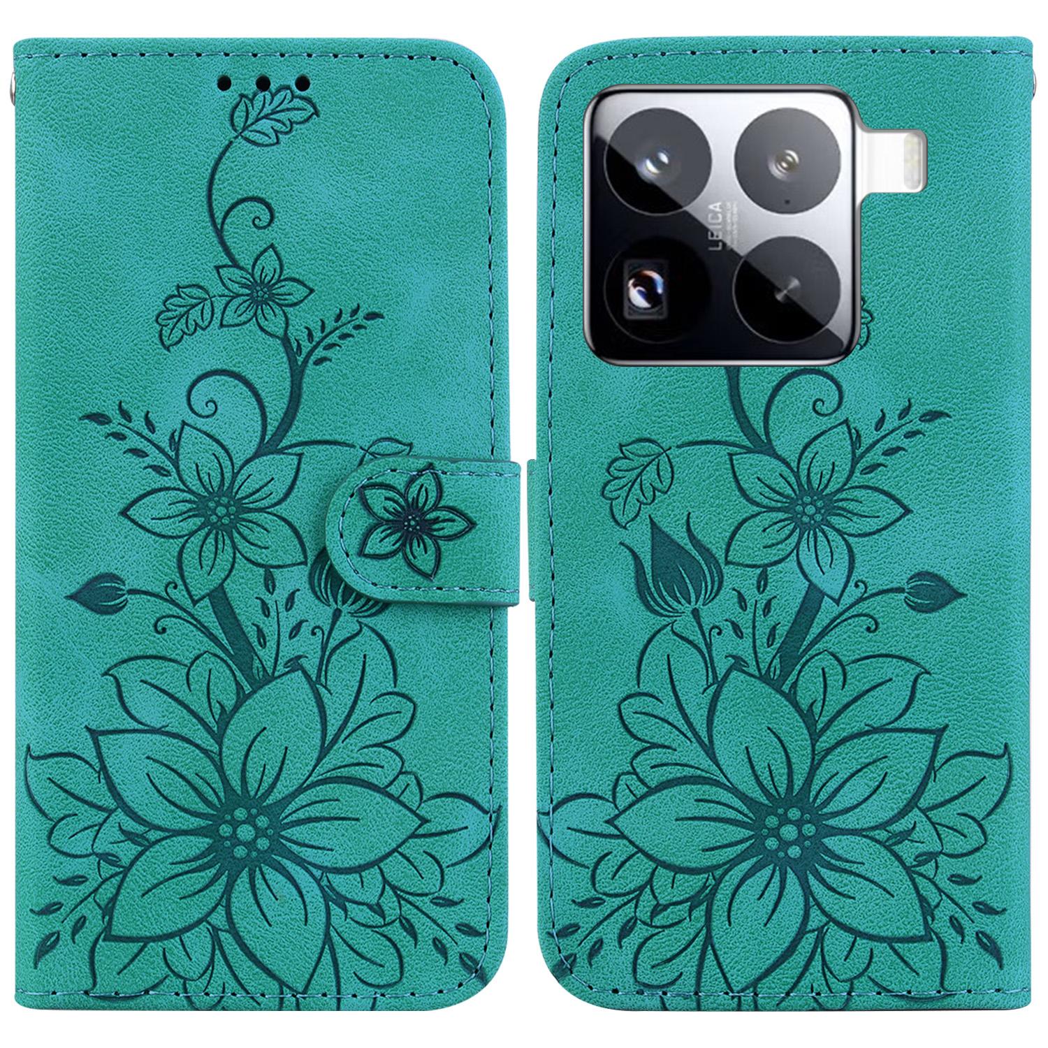 

For Xiaomi 15 Pro Case Lily Flower Imprint Leather Phone Cover with Stand Green