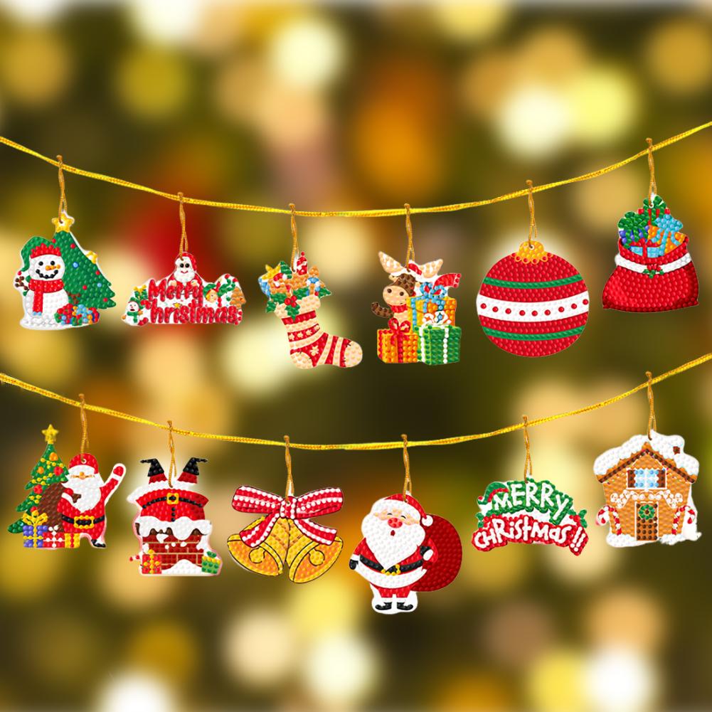 12Pcs Acrylic Christmas Theme Diamond Painting Hanging Ornaments Kit 5D DIY Diamond Art Hanging Decorations for Christmas Tree