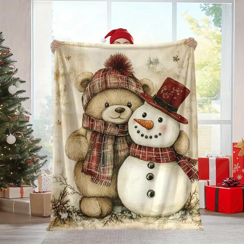 A stylish Christmas printed snowman and teddy bear flannel blanket suitable for bed, office, home, camping, sofa, cozy and warm 130x150cm