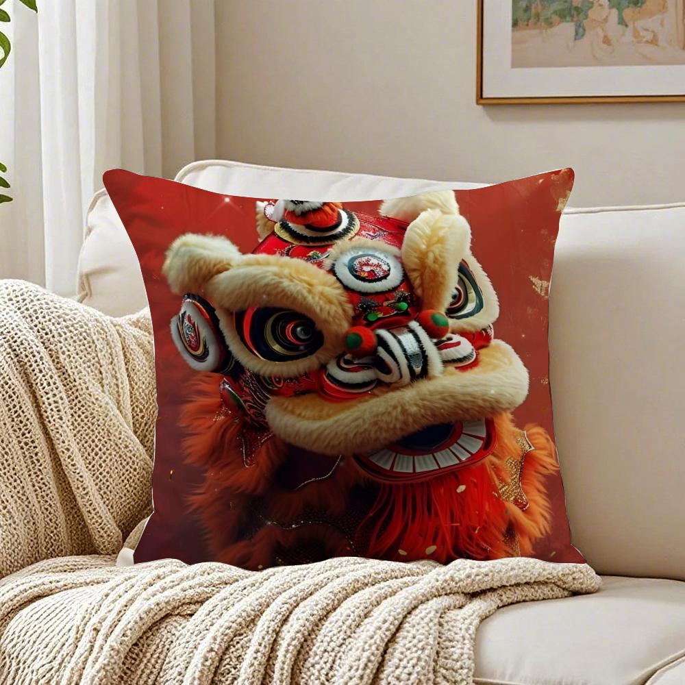 Fashion Traditional Dancing Lions Anime Lucky Cushion Cover Linen Pillowcase Soft For Sofa Bed Home Room Decor