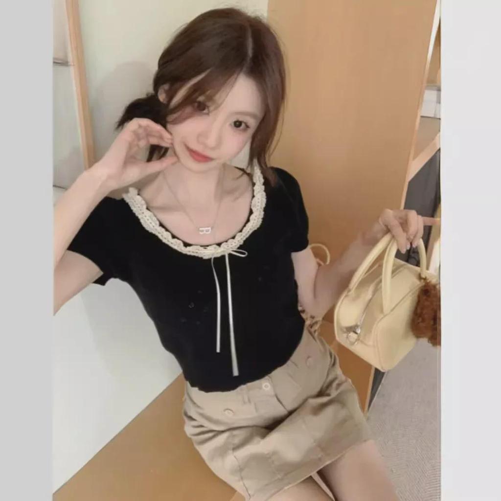 2024 Summer Lace Bow Knitted Short Sleeve T-Shirt - Women's Slim Fit Sweet Student Top