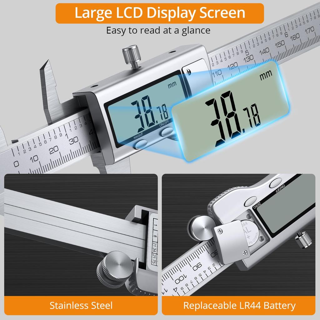 Neoteck 200mm Stainless Steel Digital Caliper with Three Zero Reset for Measuring External and Internal Diameters and Steps Units, Function,