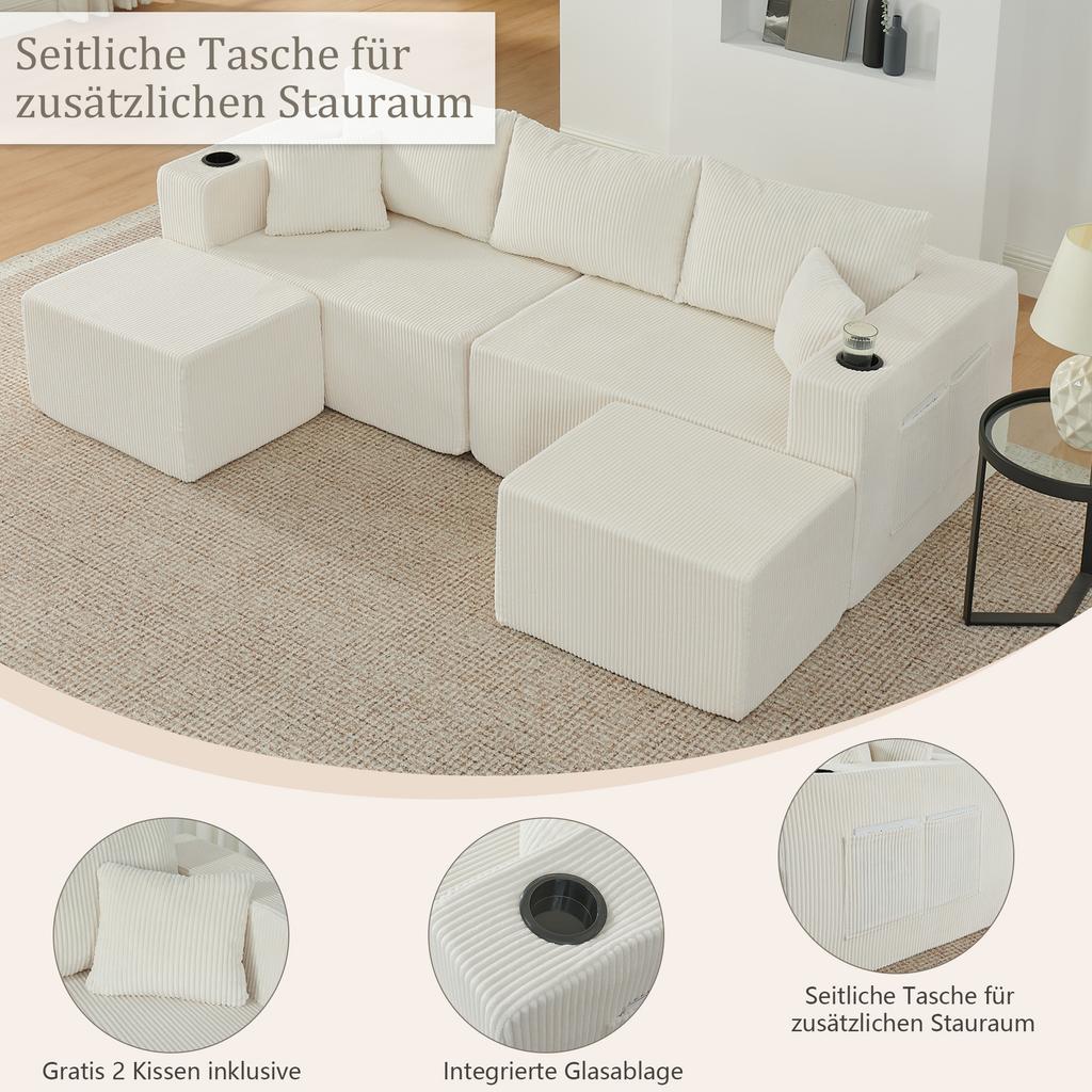 3-Seater Modular Corner Sofa, with Movable Ottomans, Soft Corduroy Fabric, Cup Holder, for Living Room, Hotels and Rental Apartments, Beige