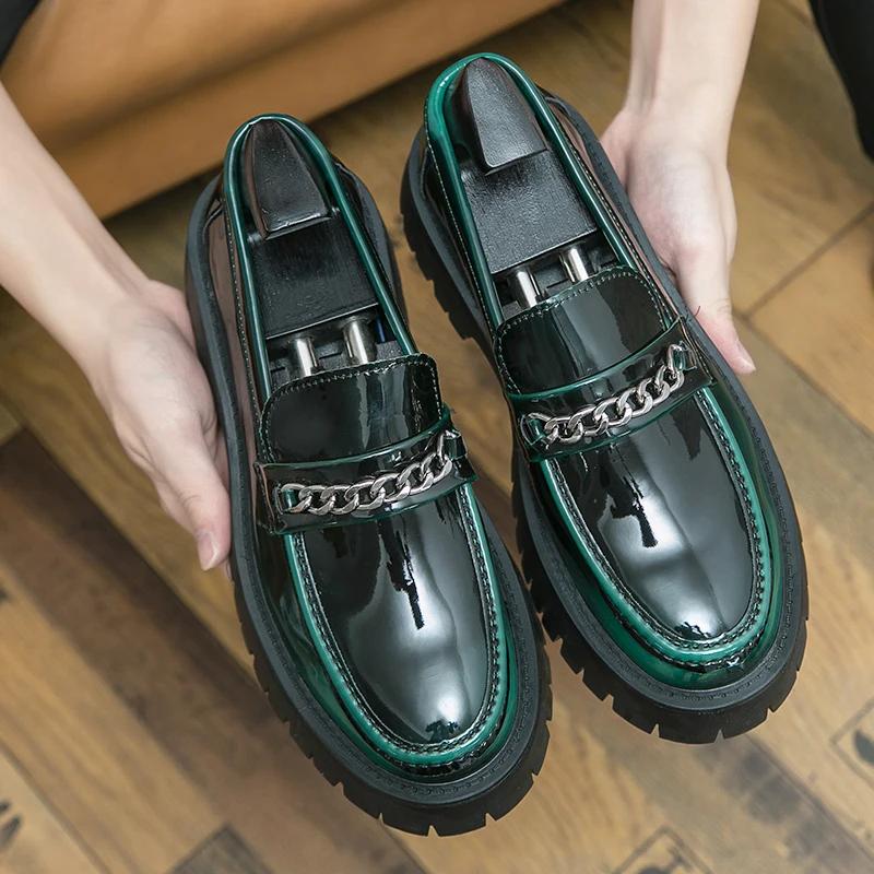 Spring Thick Sole Leather Shoes Metal Chain Loafers Round Head High Quality Slip-ons Business Formal Shoes Male Casual Moccasins