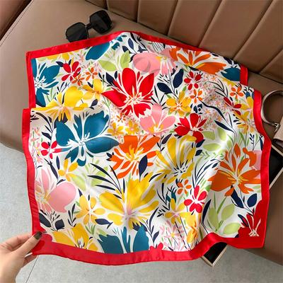 Luxury 70Cm Square Women Silk Scarf Flower Print Designer Beach Scarves Shawl Bandana Decorate Hijab Neckerchief