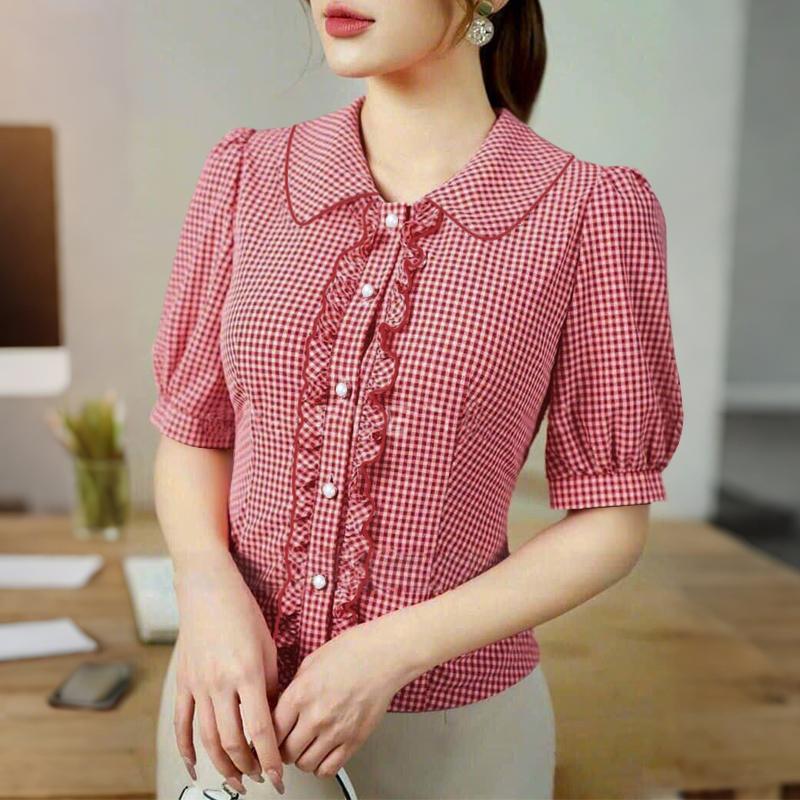 

ZANZEA Женская летняя блузка с кукольным воротником, повседневная, с коротким рукавом, с принтом в клетку 5XL красный