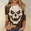 Women Casual Three Quarter Sleeve Halloween Skull Print Round Neck Top Lightweight Comfortable Fit Blouse for Everyday Wear