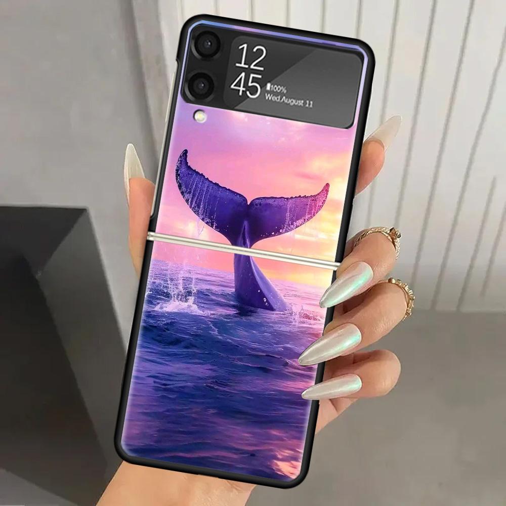 Humpback Whale Sea Giant Hard PC Phone Case For Samsung Galaxy Z Flip 7 6 5 4 3 Black ZFlip7 ZFlip6 Flip5 Flip4 Flip3 5G Print C