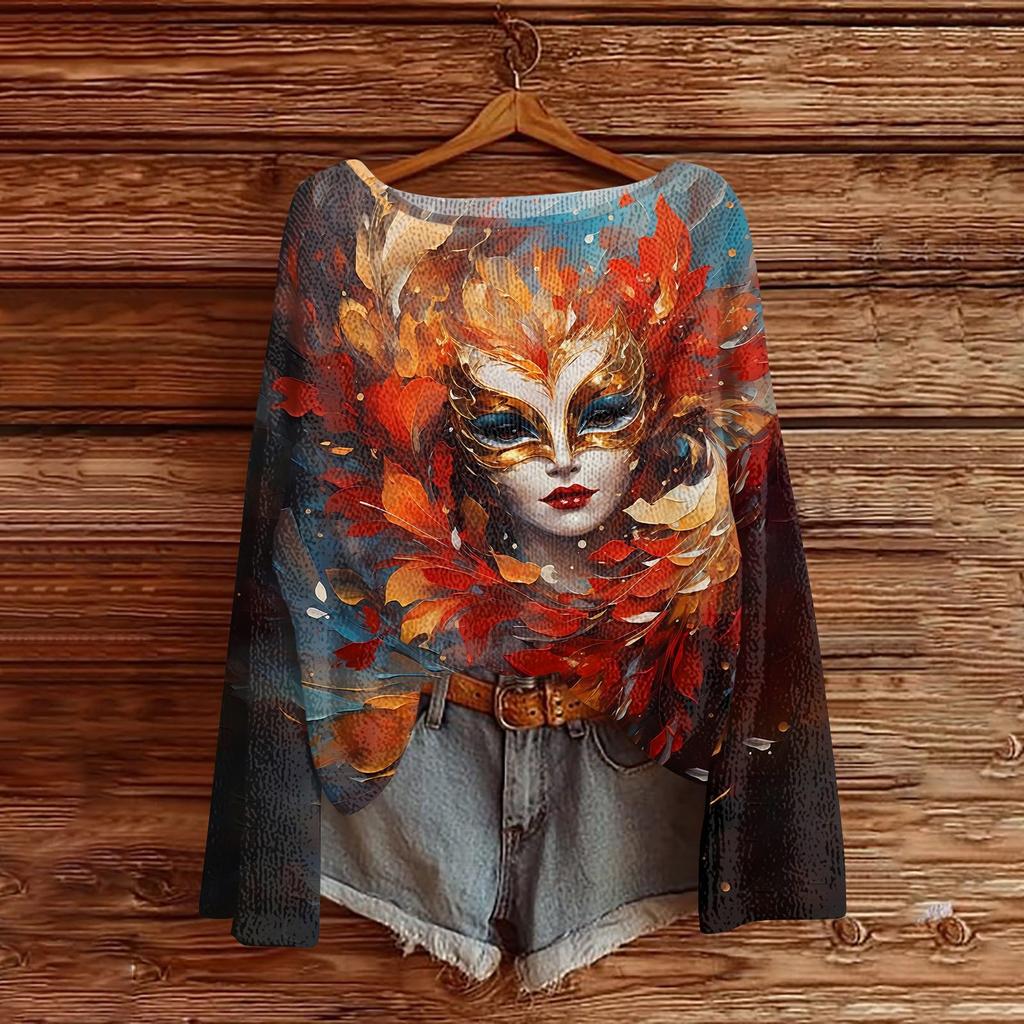 Women's Fashion Round Neck Long Sleeve Print Casual Pullover Sweater Top