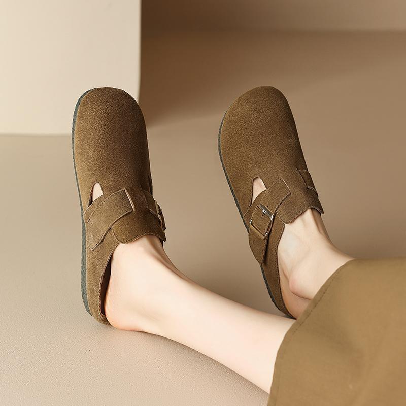 Fashion 2025 New Summer Women Mules Cow Suede Leather Women Shoes Round Toe Cover Toe Slip-on Women Sandals Retro Modern Slippers