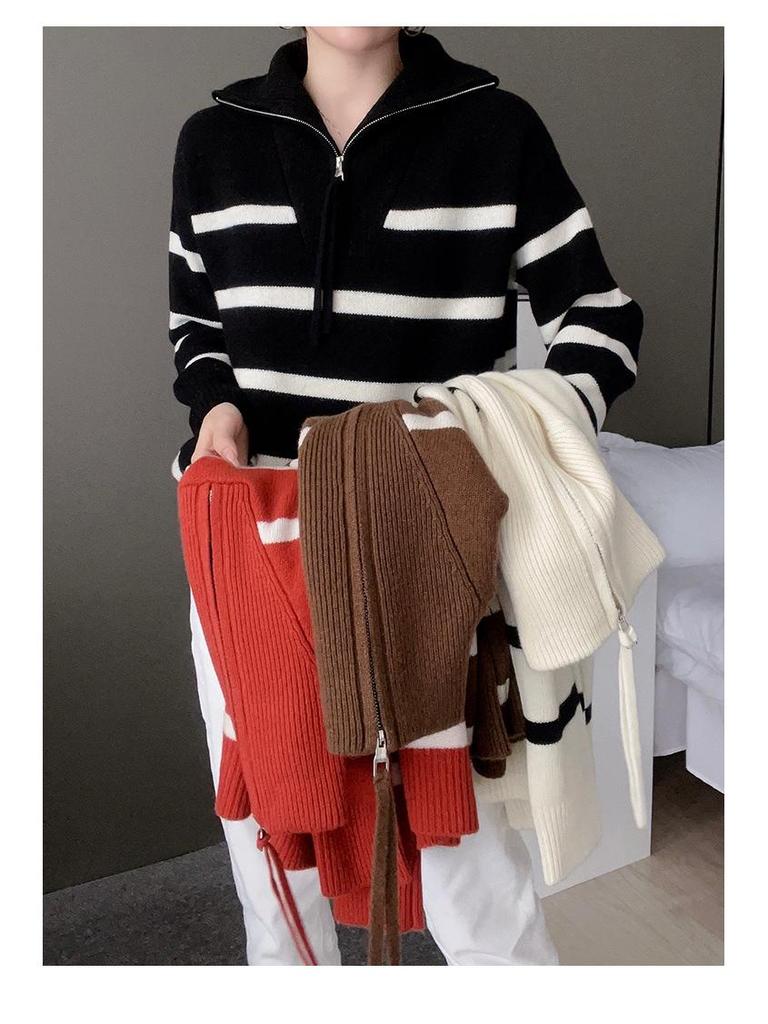 Korean Style Color Block Striped Cashmere Sweater with Half-Zip and Turn-Down Collar for Women