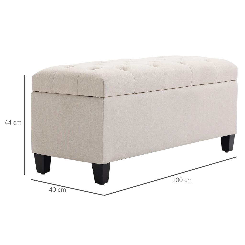 Panca con Spazio Contenitore, Panca Imbottita con Aspetto Lino, Pouf Contenitore con Gambe in Legno