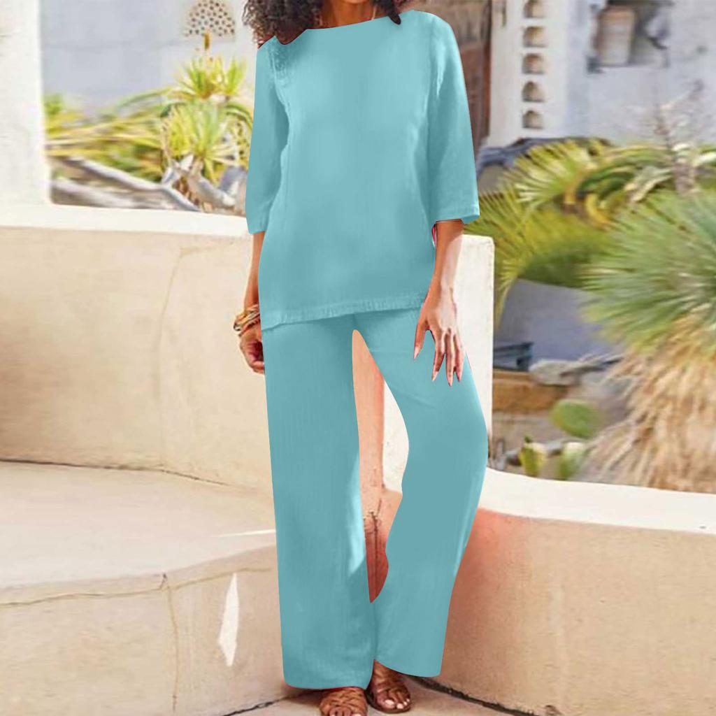 Women's Casual Top Wide Leg Pants Set Cotton Linen Pants Top Two-piece Set