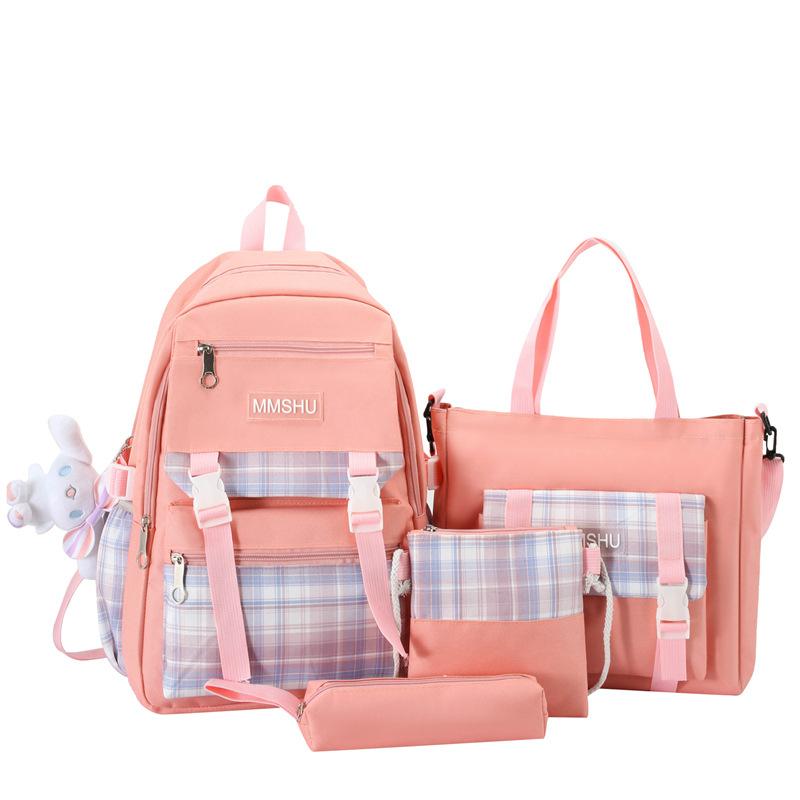 4pcs Elementary School Ultra Light Checkered BackpackWomen's Four Piece Oxford Wear-resistant SetHigh Capacity Backpacks for Middle School Students