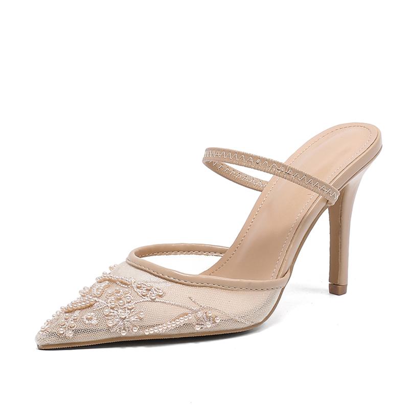 

Мода Liyke Женский Дизайнерская Вышивка Цветы Сетка Острый Носок Белые Туфли-Мюли на Высоком Каблуке Женские Туфли Лодочки Сексуальные Шпильки Mujer 35 абрикосовый