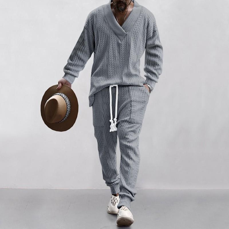 Mens V-Neck Jacquard Knit Sweater Casual Pants Set Outfit Teens Young Adults
