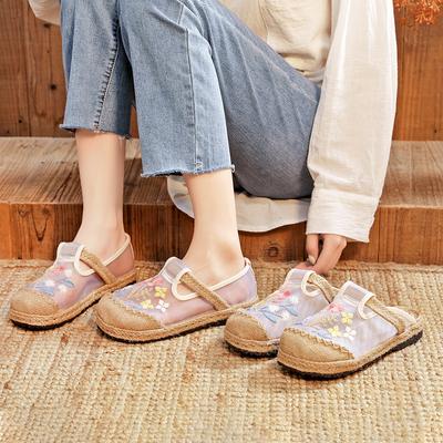 Women's Ethnic Style Summer Comfortable Mesh Breathable Shoes Patchwork Round Toe Floral Embroidery Flat Linen Shoes