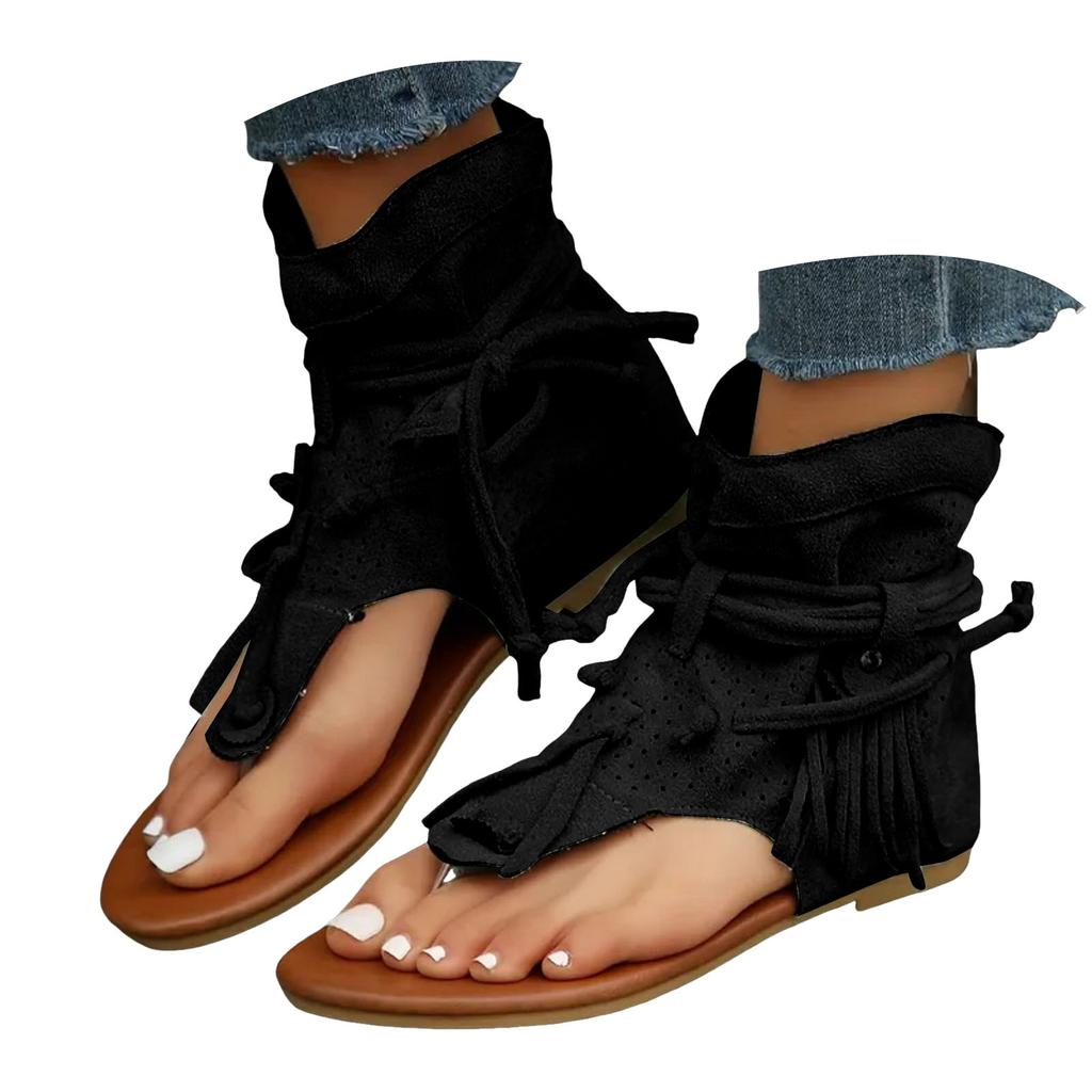 Lace Up Platform Sandals For Women Flat Soled Thong Toed Women'S Slippers Fashionable And Casual Tassel Hollow Zapatos De Mujer