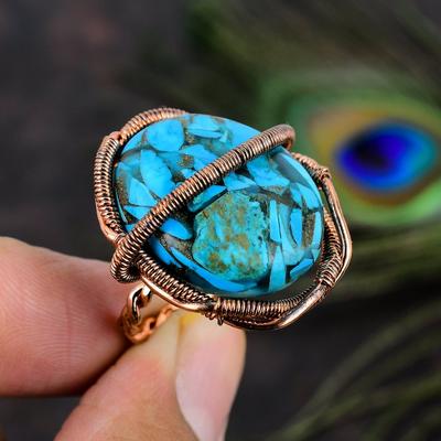 Natürlicher Kupfer Blau Türkis Edelstein Kupferdraht Wickelring Geschenkgröße 7 c5r33