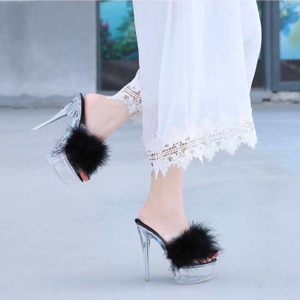 Furry Sexy Thin Stiletto Platform Slide Sandals, Transparent Crystal Heel Women Shoes For Wedding Banquet Formal Dress Occasions WZ-198614-89
