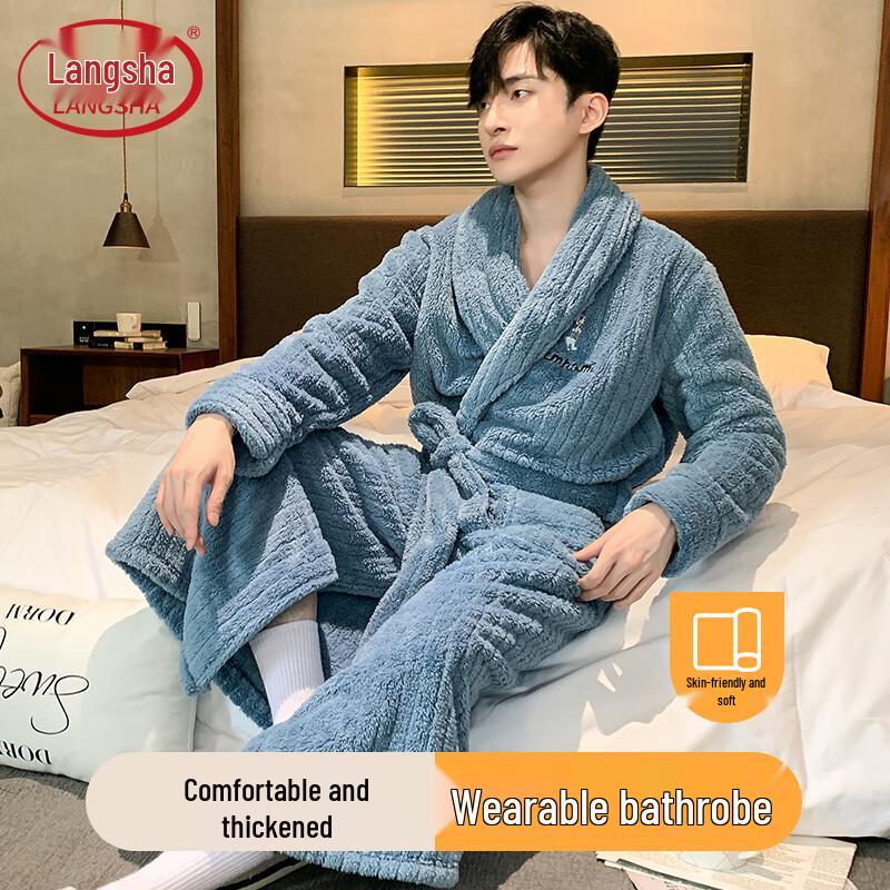 LANSWE Men s Thickened Flannel Bathrobe 3XL сине-серый