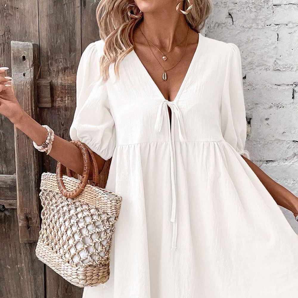

Elegant Deep V-Neck A-Line Dress with Chest Tie Design XL брудно-білий