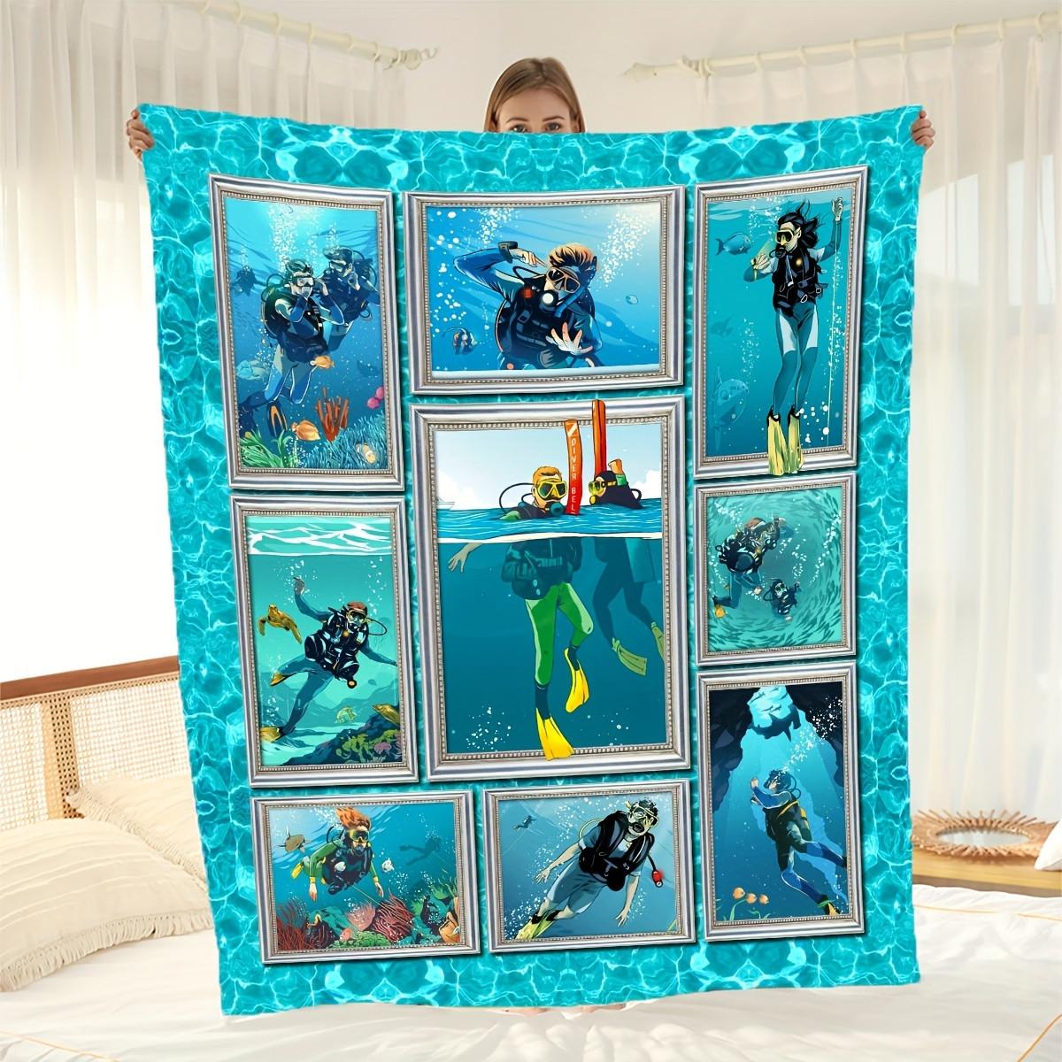 Diving Themed Flannel Blanket - Soft Warm Cool Adventure Lover Throw 70x100cm