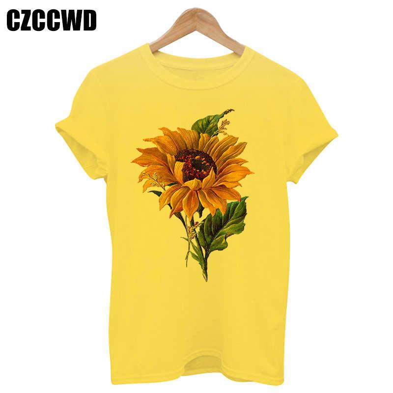 Sunflower Bee Kind Yellow Women Tshirt Aesthetics Graphic Short Sleeve Cotton Polyester T Shirts Female Camisetas Verano Mujer