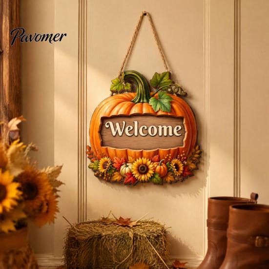 Autumn Welcome Sign Pumpkin Gnome for Front Door, Rustic Wood Hanging Wooden Ornament with Hemp Rope Fall Harvest Home Porch Wall Decorations