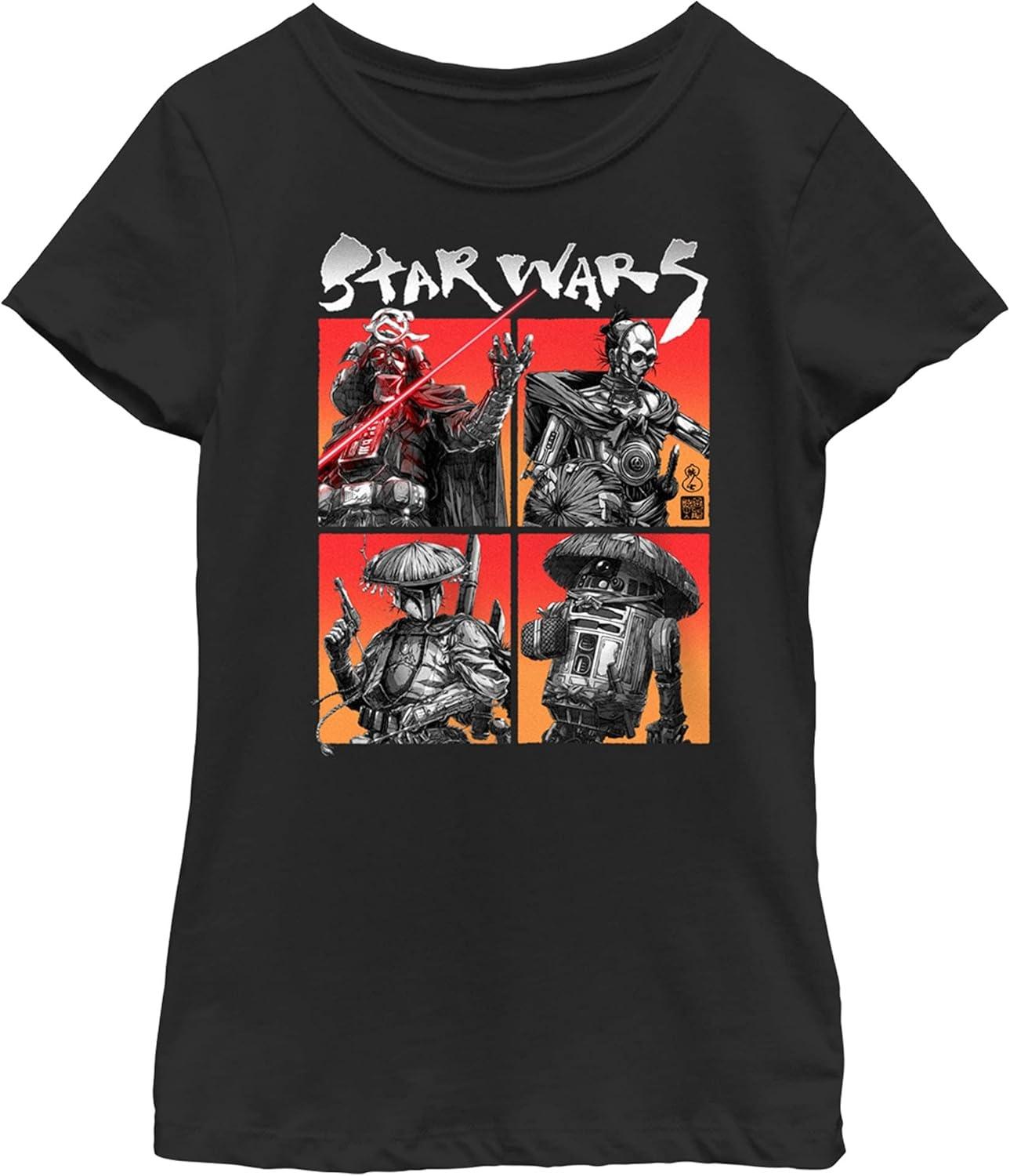 STAR WARS Visions Футболка с принтом Четверо на полу для девочек, однотонная, с круглым вырезом S