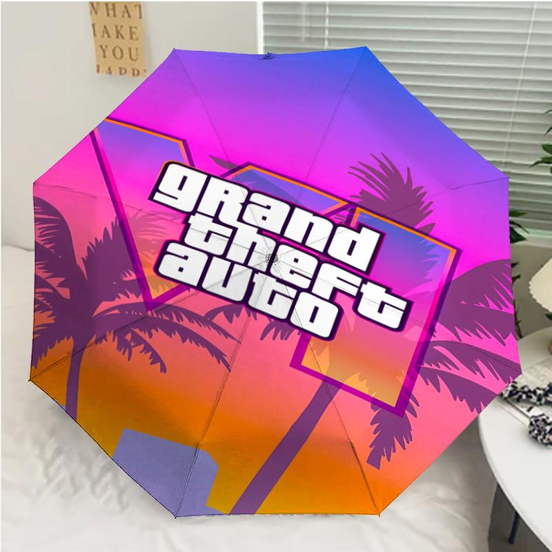 Game Grand Theft Auto Print Automatic Umbrella, 8 Rib Iron Frame, Plastic Handle, Suitable for Outdoor Travel &Daily , Ideal Gift