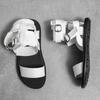 Men Sandals Black White Leather Slippers Outdoor Roman Gladiator Sandals Summer Black Open Toe Beach Shoes