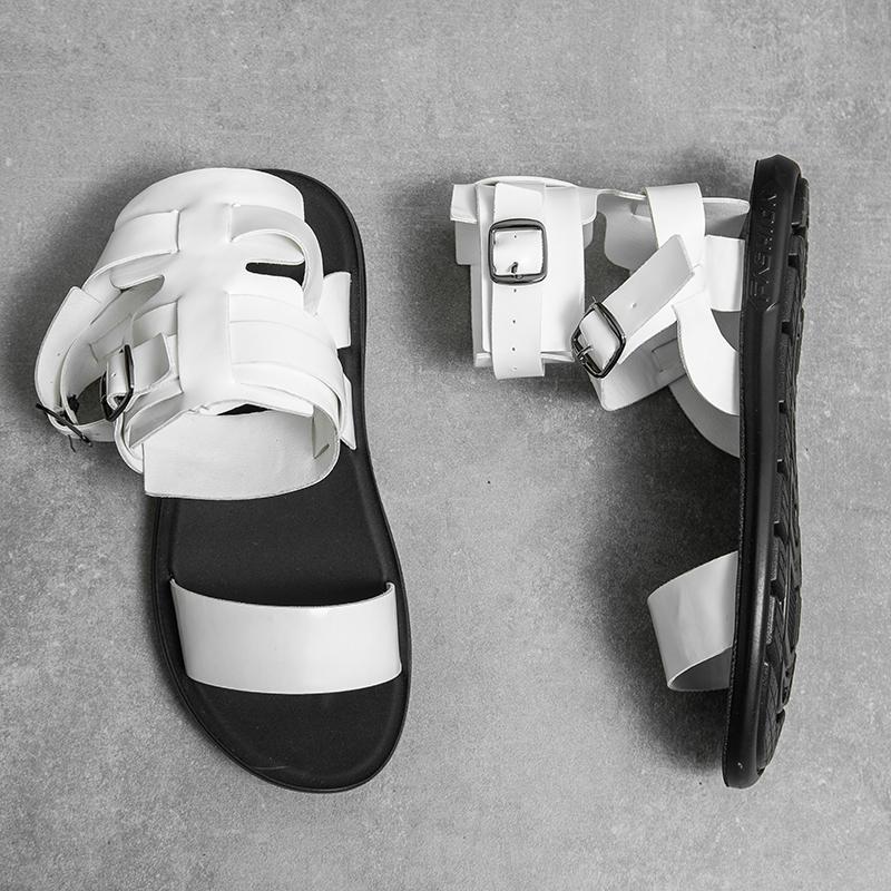 Men Sandals Black White Leather Slippers Outdoor Roman Gladiator Sandals Summer Black Open Toe Beach Shoes