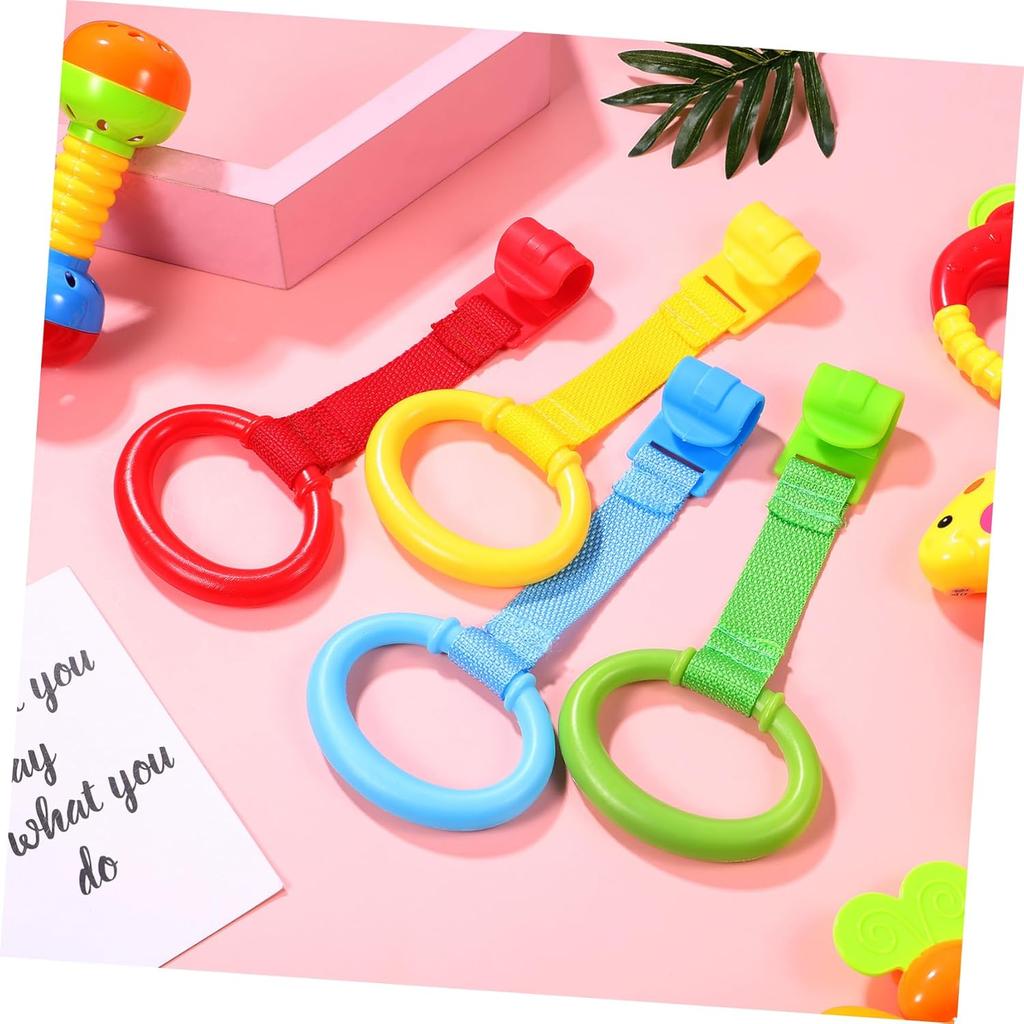 4pcs Pull Rings Baby Cot Hanging Rings Baby Bed Stand Up Rings Walking Assistant Stand Up Rings Learning Standing Crib Hanging Ring for Strollers,
