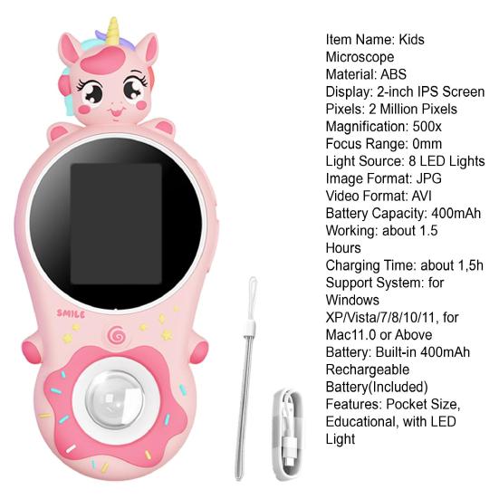 Kids Digital Microscope 200X Mini Portable Pocket Microscope Camera with 2-Inch IPS Screen Built-in 8 LEDs Educational Science Experiment