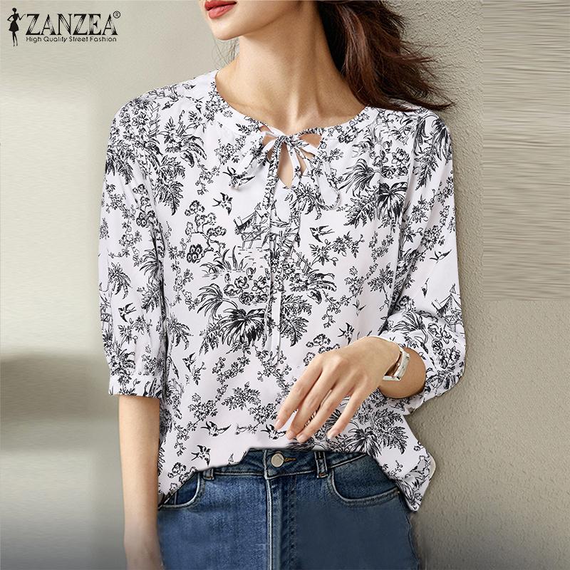 

ZANZEA Женская летняя свободная повседневная блузка с короткими рукавами и принтом Топы